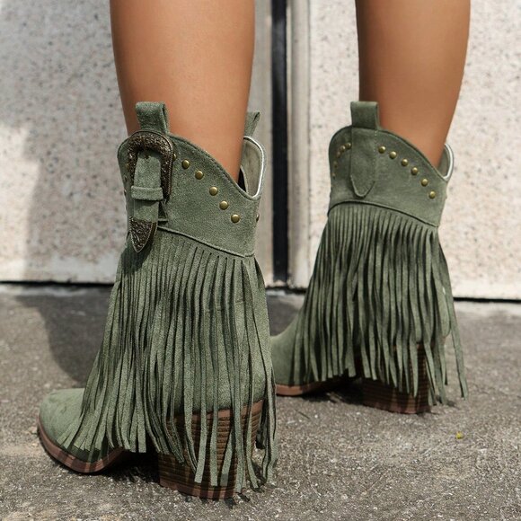 Green Vintage Women's Fringe Decor Rivet Wedge Slip-On Ankle Boots - Picture 4 of 6